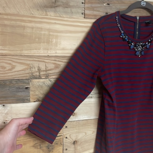 J. Crew size Small Red and Blue Striped Jeweled Crew Neckline Long Sleeve Blouse - Picture 4 of 8